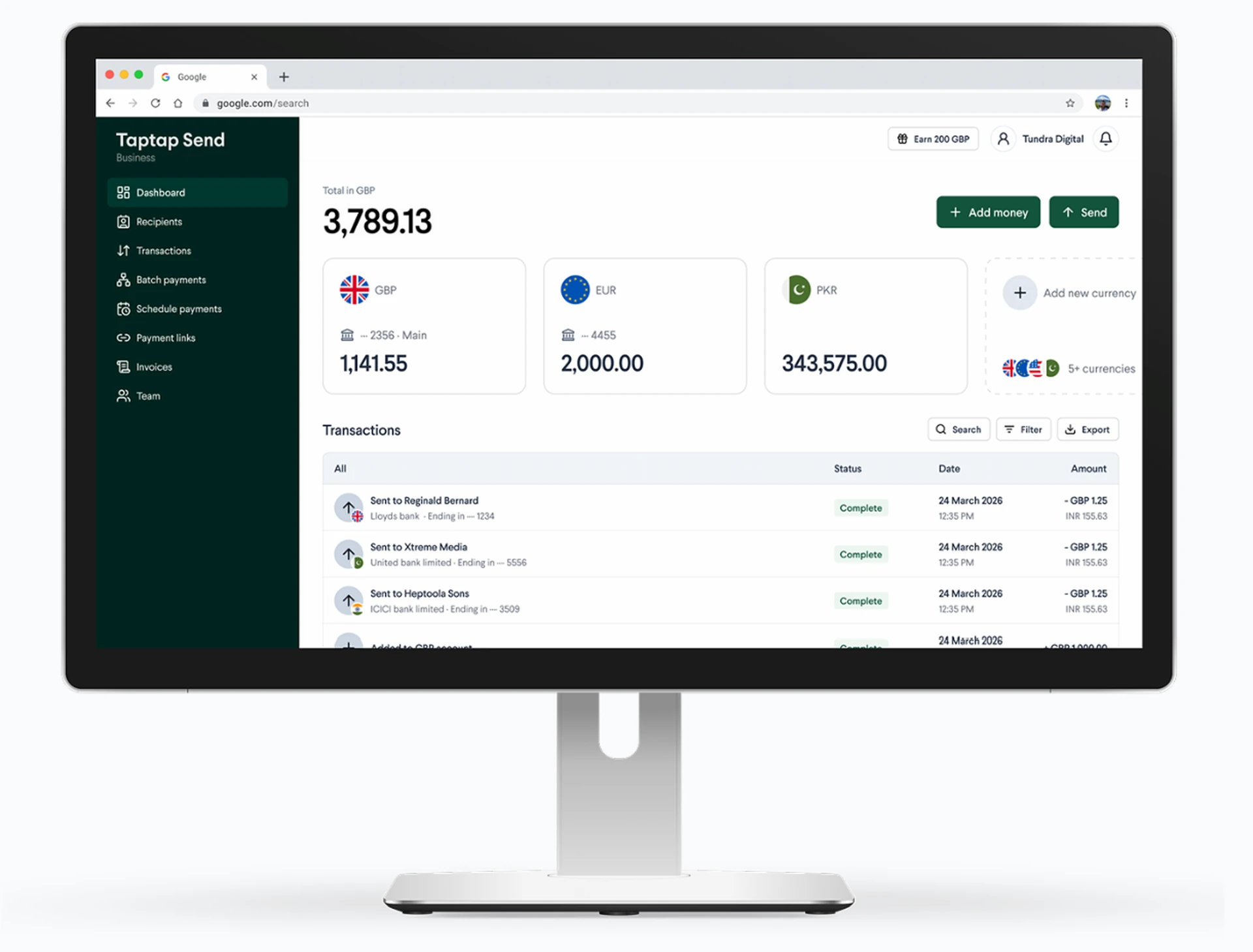 TapTap Send for Business multi-currency payment dashboard